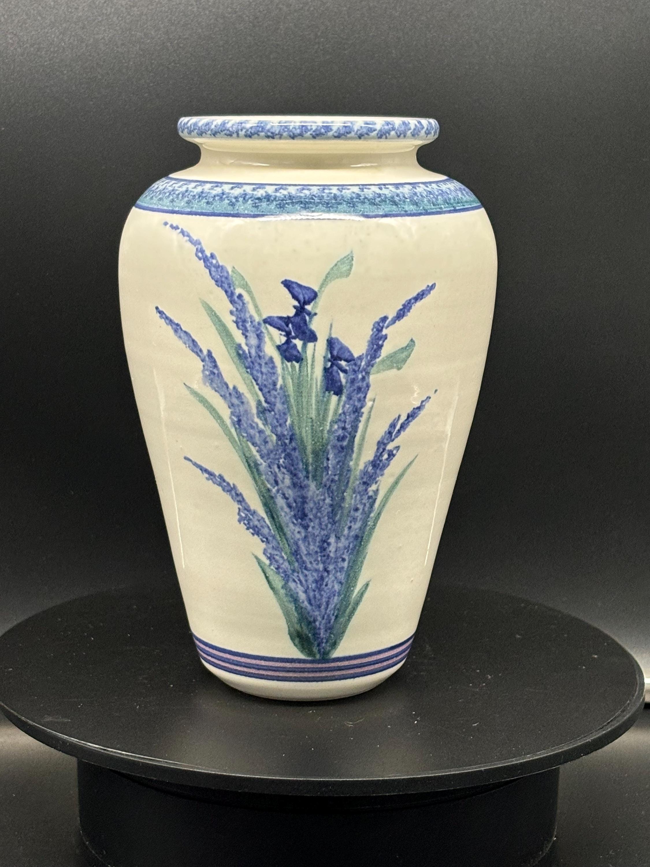 ヴィンテージ ブルー ホワイト フローラル ハンドメイド 陶器 花瓶 6.5
