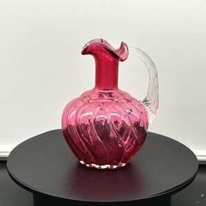Vintage Fenton Art Glass Country Cranberry Melon Pitcher Cruet with Clear Applied Handle Vase