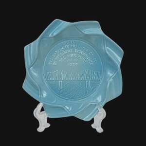 Rare Vintage 1960 Red Wing Pottery Eisenhower Commemorative Hiawatha Bridge Aqua Blue Ashtray Trinket Dish