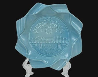 Rare Vintage 1960 Red Wing Pottery Eisenhower Commemorative Hiawatha Bridge Aqua Blue Ashtray Trinket Dish
