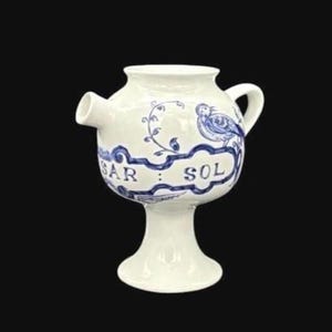 Vintage 1989 Lilly "Syr Rosar Sol" Apothecary Jar Pitcher Made in Portugal Ceramic Blue White Bird