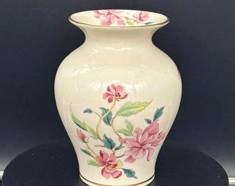 Vintage 1980er Jahre Lenox Barrington Collection Flared Pink Floral 24K Gold Trim Vase