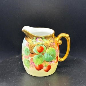 Vintage 1930&#39;s Limoge France Hand Painted Berry Motif Gold Leafed Creamer Pitcher