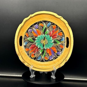 Vintage Mexican Hand Painted Batea Wood Floral Folk Art Tray Bowl 11&quot;
