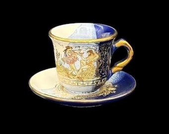 Vintage SK Hand Made Greece 24K Gold Leaf Blue Grecian Teacup and Saucer