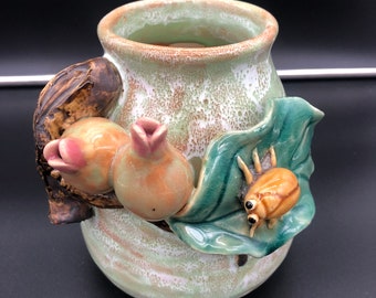 Vintage Barbotine Majolica Potter Vase Pods/Bug