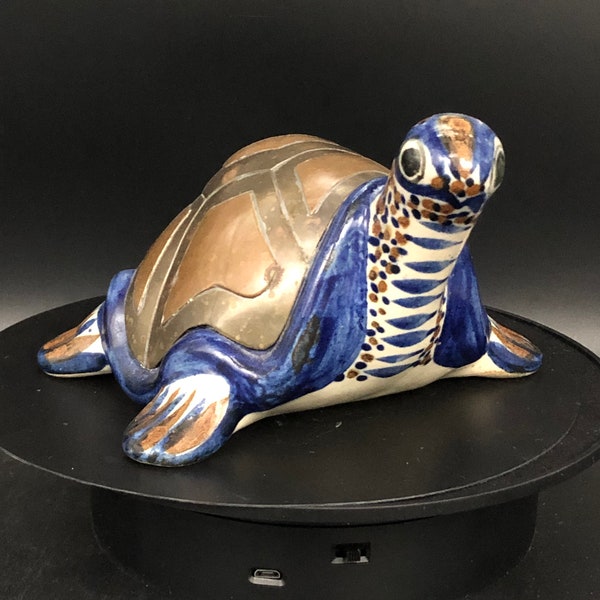 Vintage Tonala Mexican Folk Art Pottery Brass/Copper Shell Turtle