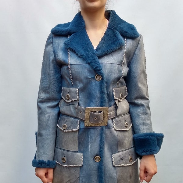 Real Fullskin LAPIN Fur coat.Outside Nappa Leather in denim color on the outside. Women's Brand New Coat. Luxury gift