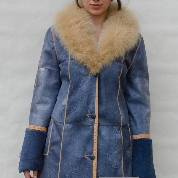 Real LAPIN Fur Jacket. Fox Fur collar. Nappa Leather in denim color on the outside. Women's Brand New Jacket. Luxury gift.