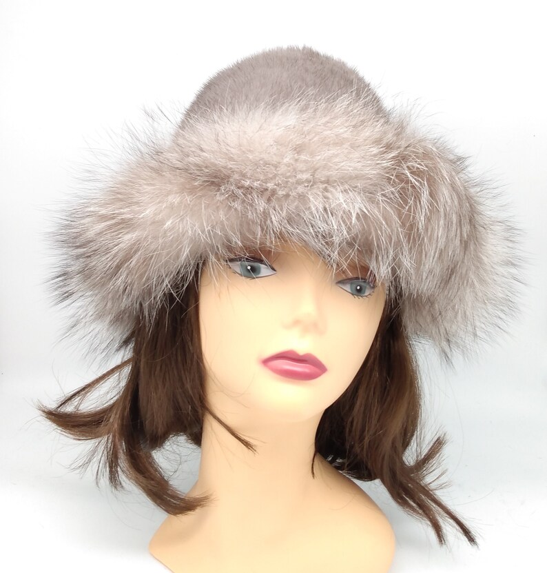 Real Fur Mink Hat in Beige Color With Fox Stripe. Handmade Fur - Etsy
