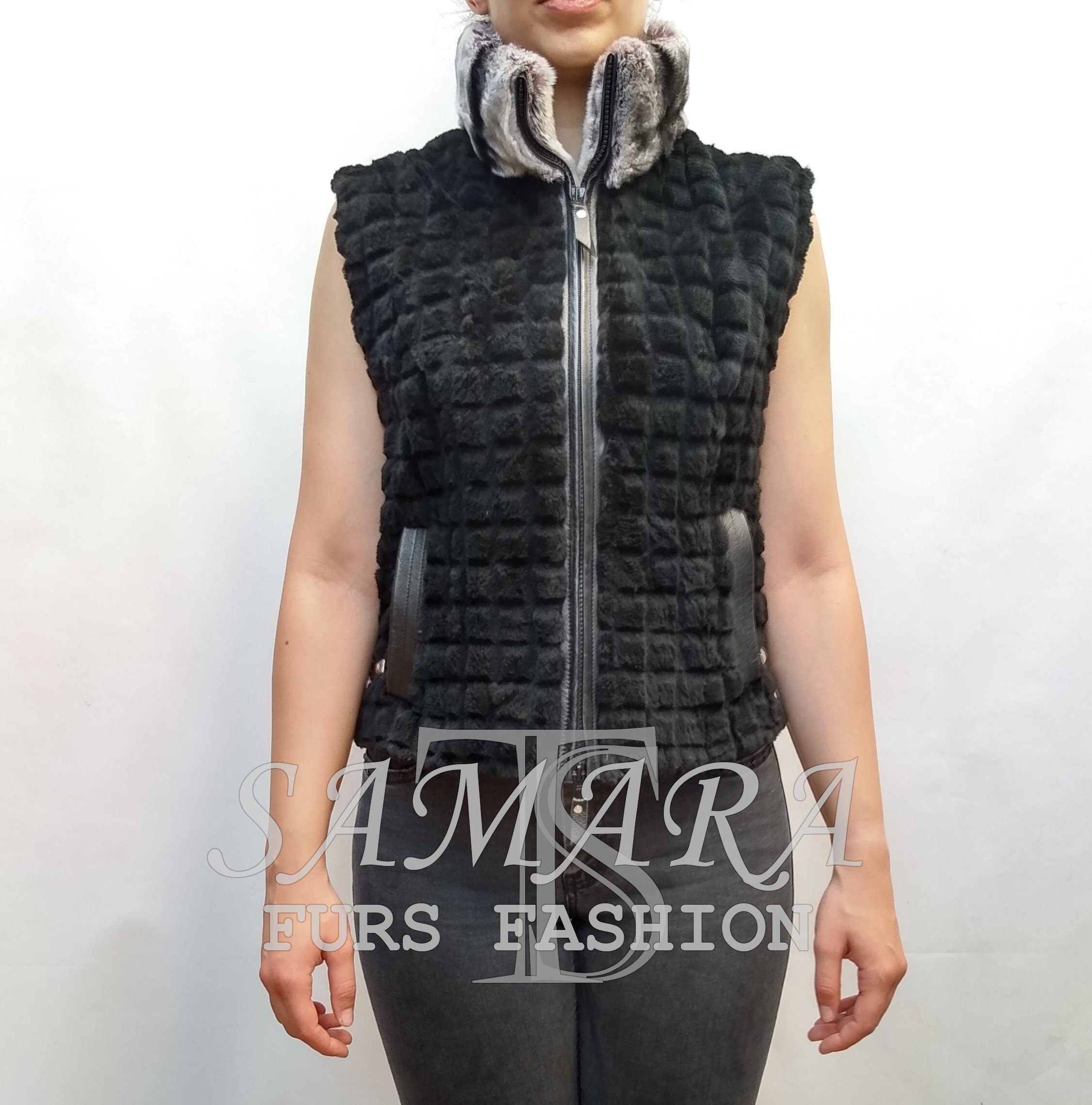 Real Nutria Fur Vest in Black Color. Rex Chinchilla Rabbit Fur Collar. Women's Brand New Vest. Luxury Gift.