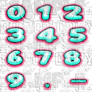 May include: A set of ten numbers, 0 through 9, in a bold, bubble-like font. The numbers are outlined in black and filled with a bright turquoise color. The background is a white and gray pattern.