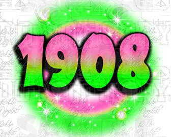 May include: A pink and green gradient background with the number 1908 in a bold, black outlined font. The numbers are outlined in black and have a white glow effect.