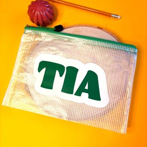 May include: A clear mesh zip pouch with the word "TIA" in green block letters. A red, ribbed, spherical object and a pencil are on a yellow background.