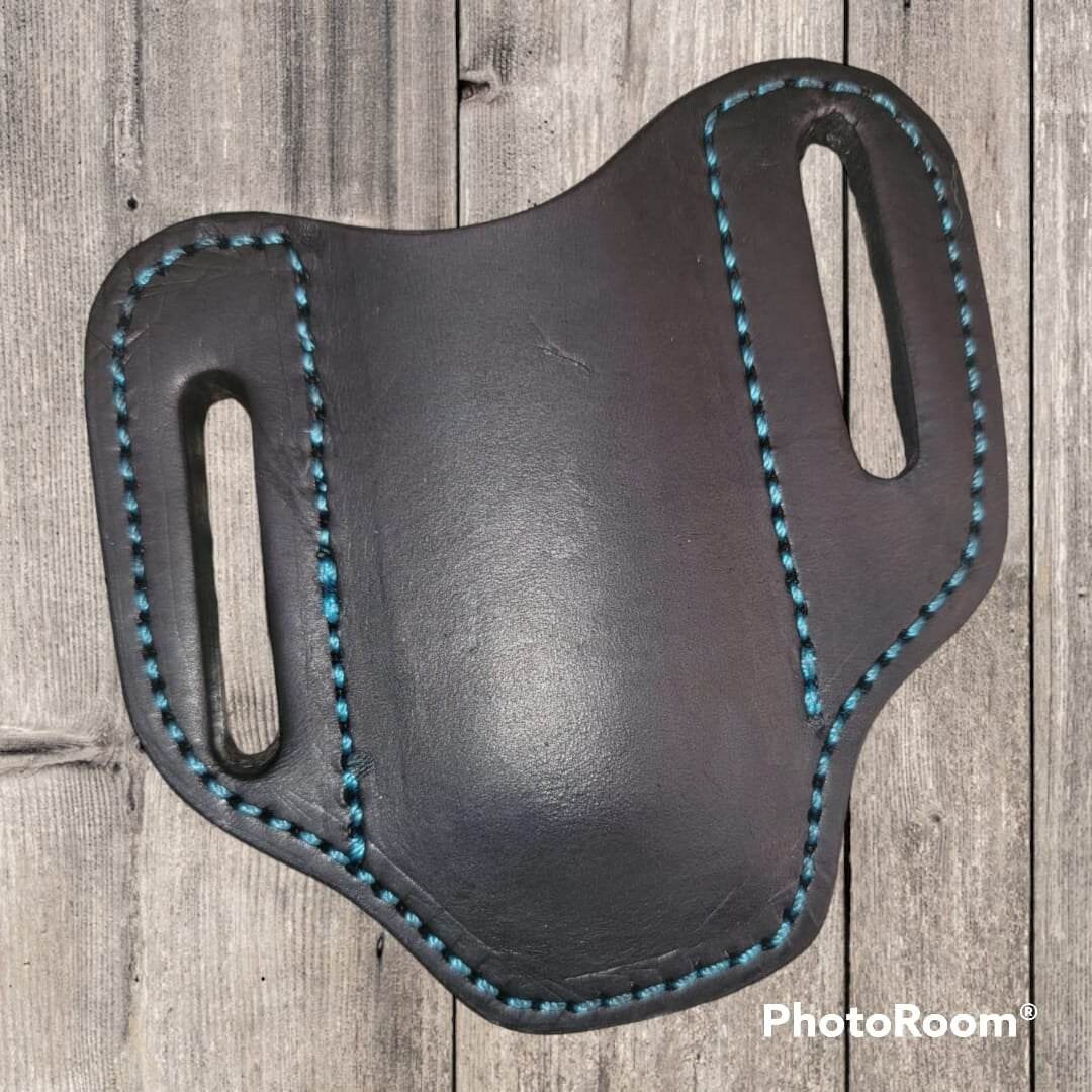 Laser Pancake Style Pocket Knife Sheath / Hand Tooled Trapper Style