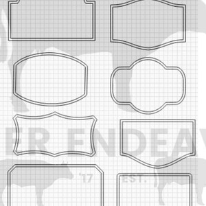 May include: Eight different blank label templates with various shapes and sizes. The labels are outlined in black and are on a white grid background.