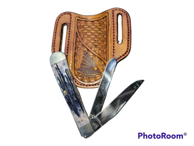 Laser Pancake Style Pocket Knife Sheath / Hand Tooled Trapper Style