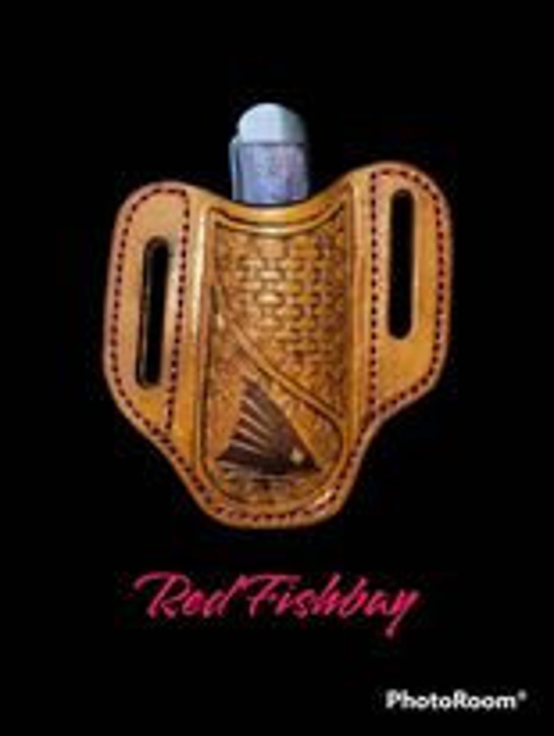Laser Pancake Style Pocket Knife Sheath / Hand Tooled Trapper Style