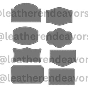 以下が含まれることがあります： 8つの異なるグレーのステッチされたフレームの形。フレームはすべてサイズと形が異なりますが、すべて似たようなステッチされた境界線を持っています。