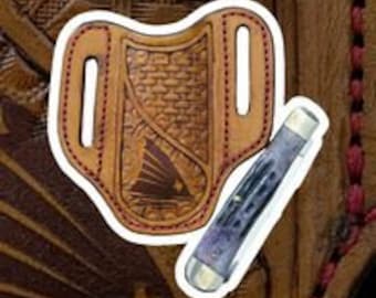 Laser Pancake Style Pocket Knife Sheath / Hand Tooled Trapper Style Knife Sheath /Buck Knife Holster / Western Cross Leather Sheath