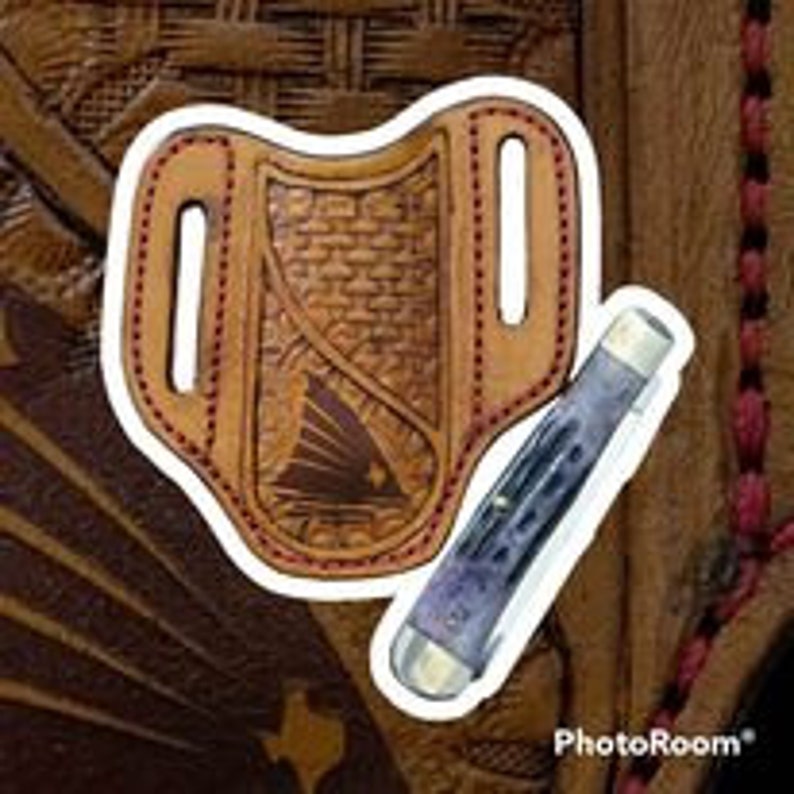 Laser Pancake Style Pocket Knife Sheath / Hand Tooled Trapper Style