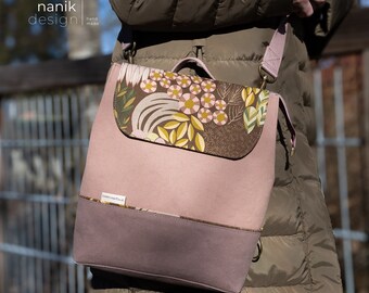 2-in-1 backpack bag / backpack / shoulder bag medium size floral aubergine - old pink - brown - green