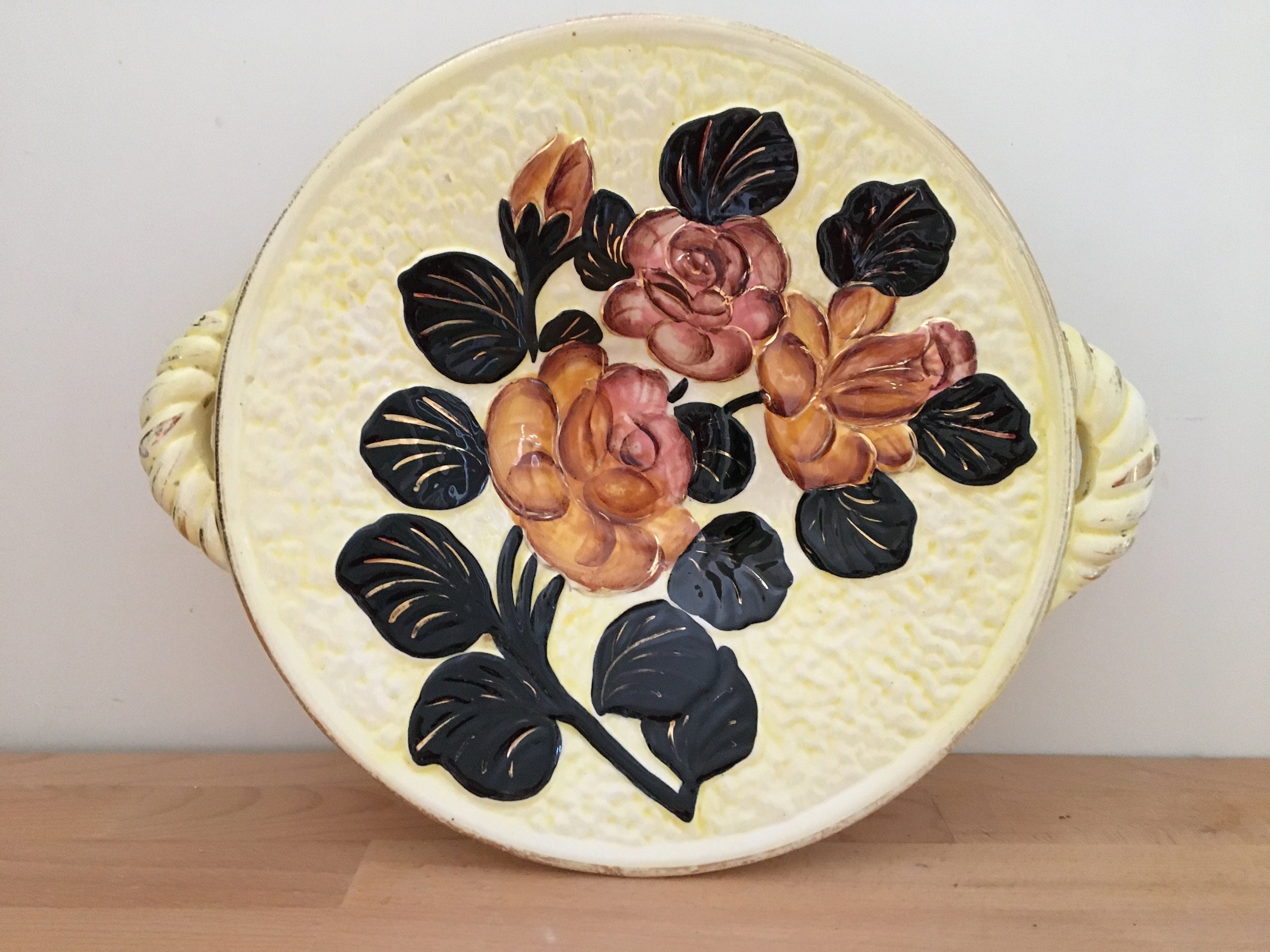 Ancien Grand Plat Vintage en Céramique | Poterie Barbotine Signé Vallauris