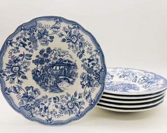 6 Assiettes creuses vintages bleues « Motifs toile de Jouy »