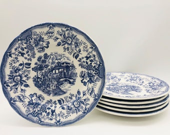 6 Assiettes plates vintages bleues « Motifs toile de Jouy »