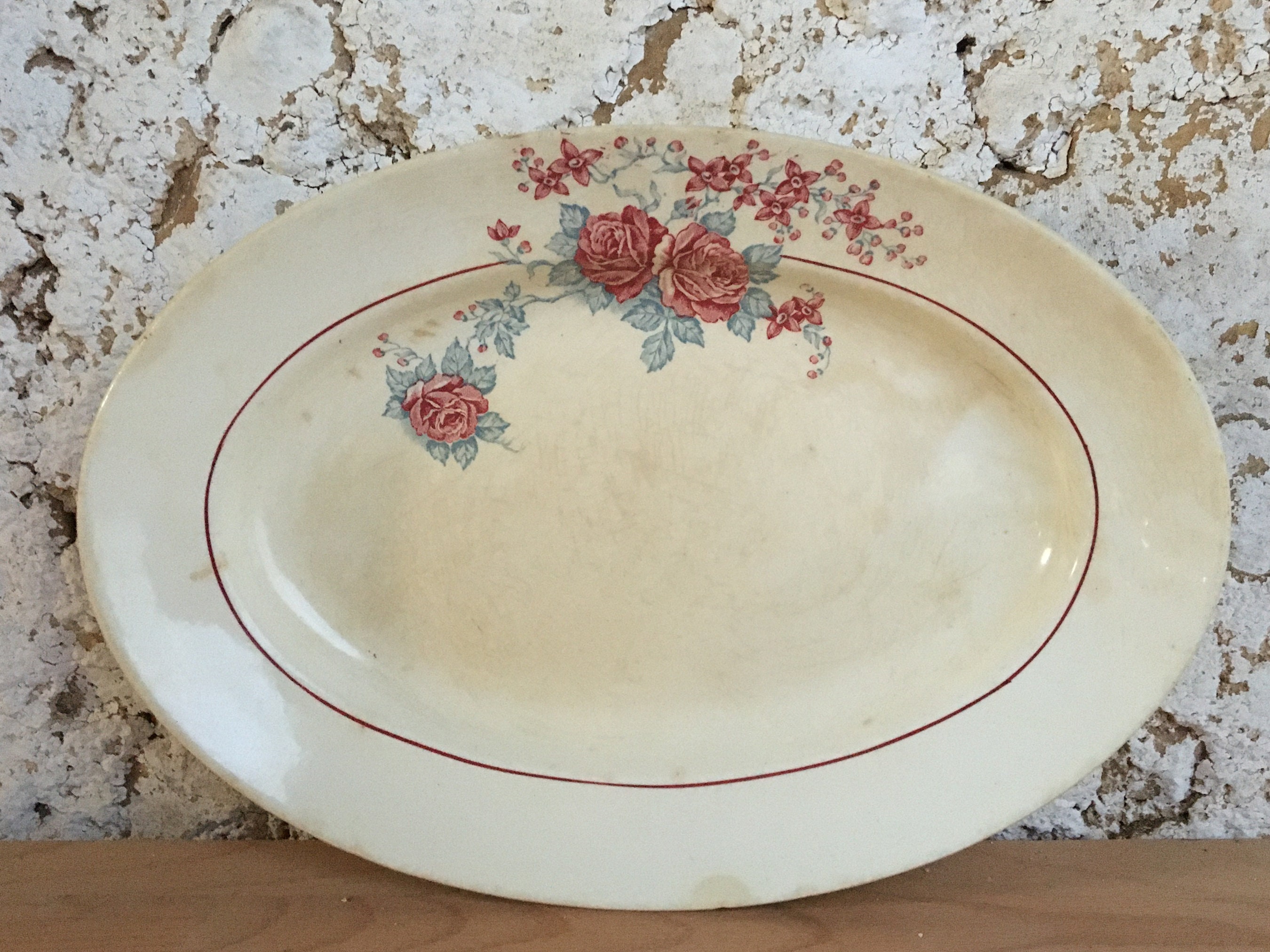 Plat de Service Vintage en Faïence Fleurs Rose St Amand Modèle Thalie