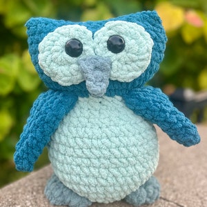 May include: A crocheted blue and light blue owl plush toy with black eyes.