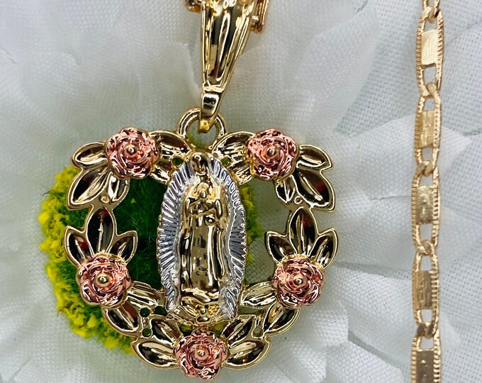 14k Gold Plated Virgin Mary With Flowers Heart Shape Pendant Necklace ...