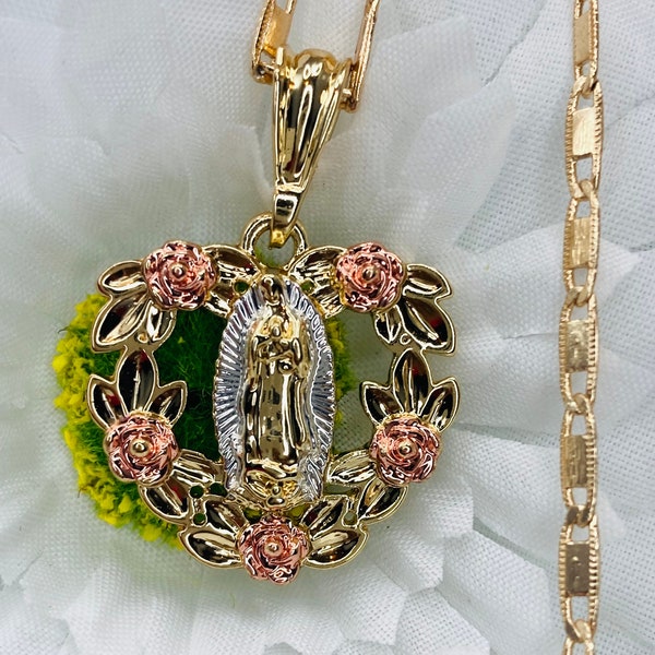 14k Gold Plated Virgin Mary With Flowers Heart Shape Pendant Necklace Tri-Gold Tone. Beautiful Heart With Virgin Guadalupe & Flowers Pendant