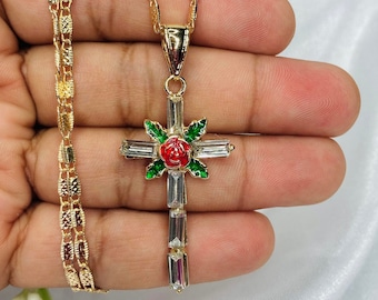 Women's Jewelry Cross With White Cubic Zirconia Necklace, 14k Gold Plated Cross Pendant And Chain 20in