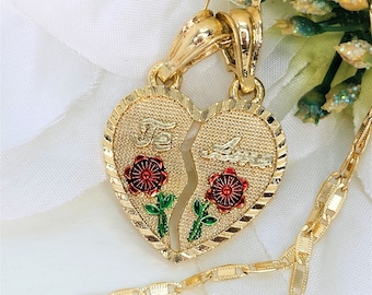 Gold Plated Tri-Color "Te Amo" Flower Heart Split Pendant Necklace, 14K Gold Plated Heart Lovers I Love You Flower Pendant Necklace Chain 22