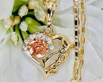 Gold Plated Heart "Love" with Rose Pendant Necklace- 14k Gold Plated Love Pendant And Chain 24 inches- 14H Gold Plated Rose Heart Necklace