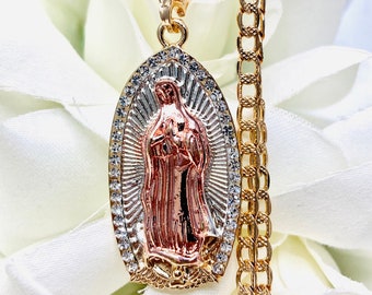 Gold Plated Mary-Guadalupe Pendant Necklace, 14k Gold Plated Virgin Mary Medal Necklace Chain 24in-Cadena Virgen Maria Cadena Cubana 24in