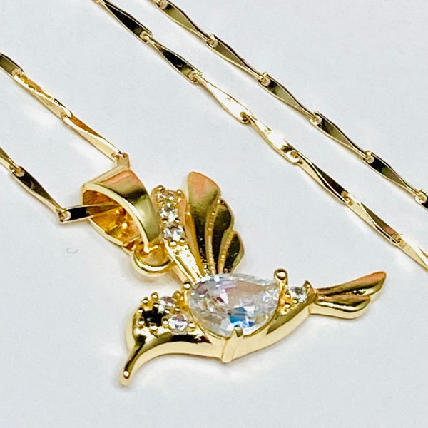 Gold Plated hummingbird Pendant Necklace- Cute 14k Gold Plated hummingbird Pendant With White Cubic Z Necklace- Cadena Colibri Oro Laminado