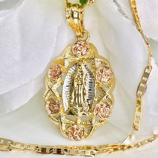 14k Gold Plated Virgin Mary Flower Pendant Necklace Virgen De Guadalupe Medalla Pendant Necklace With Roses Around Oro Laminado