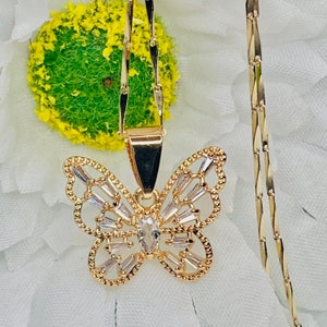 Gold Plated White Cubic Zirconia Butterfly Pendant Necklace with Chain 20 inches- Gold Plated Butterfly Necklace