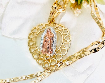 Gold Plated Heart Pendant Necklace, Gold Plated With Virgen de Guadalupe/ Our Lady Mary Tri-Gold Color Necklace