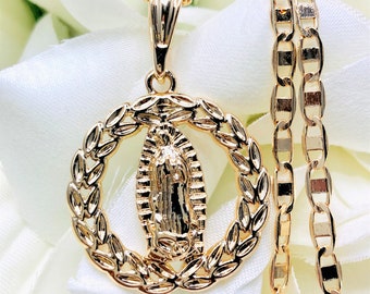 Gold Plated Virgin Guadalupe Pendant Necklace, 14k Gold Plated Virgin Mary Medal Necklace- Virgen Guadalupe con Cadena or 22in