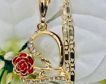 Gold Plated Red Rose Heart Shape Necklace, Dije Flor Rosa Corazón oro Laminado, 14K Gold Plated Heart Necklace with chain 24"