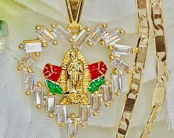 14k Gold Plated Heart with Virgen Guadalupe- heart white Cz & Virgin Marie Necklace- collar Virgen Guadalupe Oro Laminado