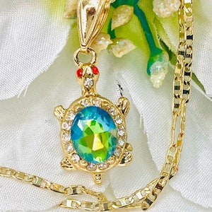 14k Gold Plated Turtle Pendant- Gold Plated Turtle with Cz  Necklace- Collar de tortuga en oro laminado