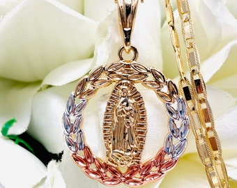 Gold Plated Virgin Guadalupe Tri-Tone Gold Pendant Necklace, 14k Gold Plated Virgin Mary Medal Necklace- Virgen Guadalupe con Cadena 22in