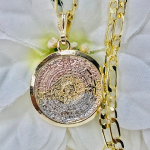 Gold Plated Calendar Aztec Pendant Necklace, 14k Gold Plated Calendar Aztec Tricolor Pendant with Fígaro Chain 24” Calendario Azteca Collar