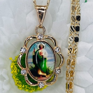 14k Gold Plated Saint Jude Thaddeus Pendant Necklace, Religious necklace, Medal Saint Jude with Chain 22&quot; Length