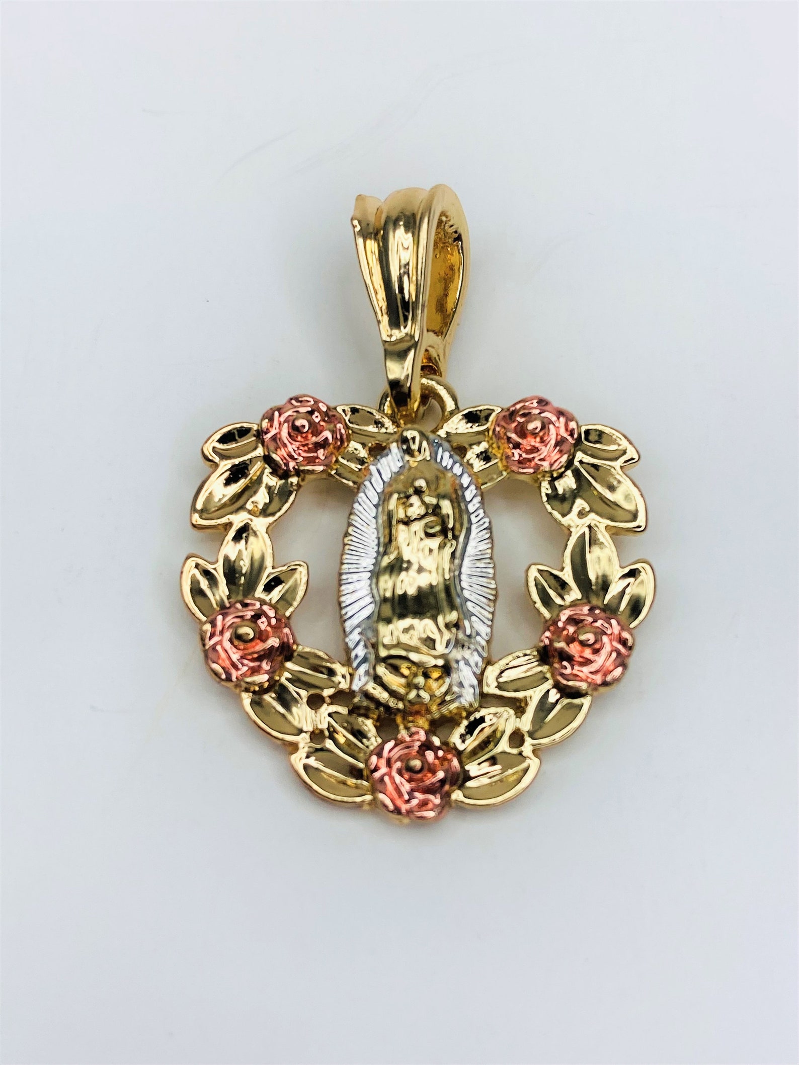 14k Gold Plated Virgin Mary With Flowers Heart Shape Pendant | Etsy