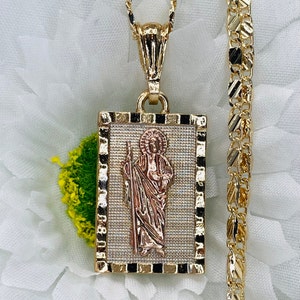 14k Gold Plated Saint Jude Thaddeus Rectangle Shape Pendant Necklace Tricolor Tone, Medal Saint Jude with Chain 22&quot; Length
